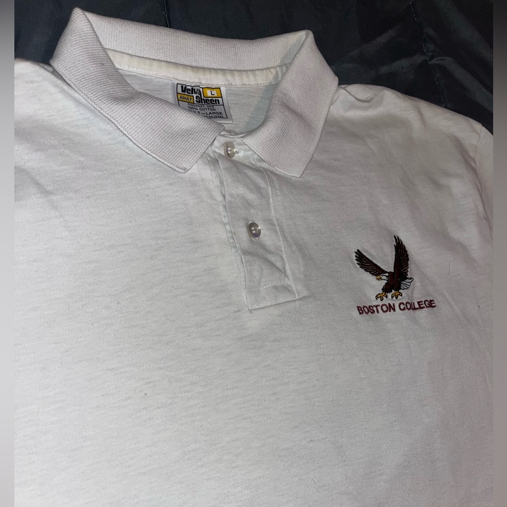 Vintage 90s Boston College White Polo Shirt Size Large Velva Sheen Single Stitch